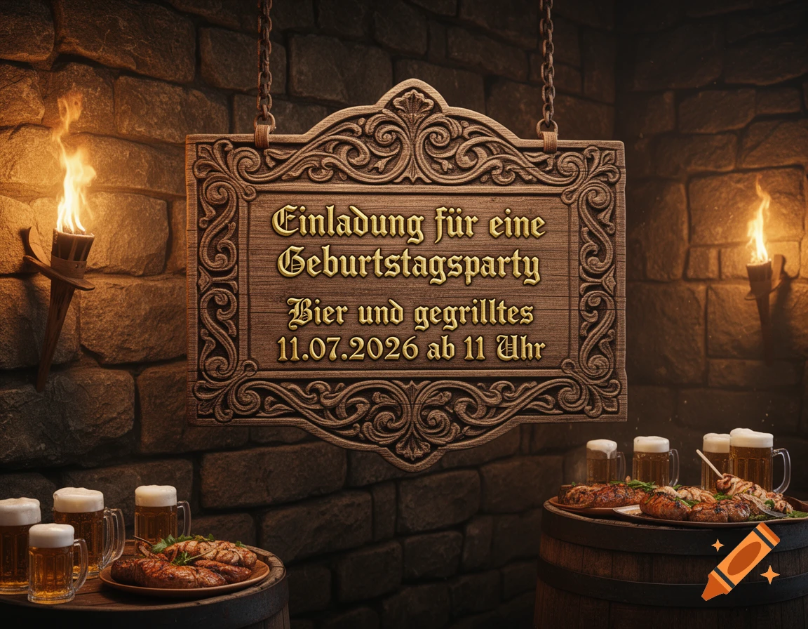 Medieval-style birthday party invitation on a carved wooden sign, flanked by torches, with beer and grilled food on barrels.