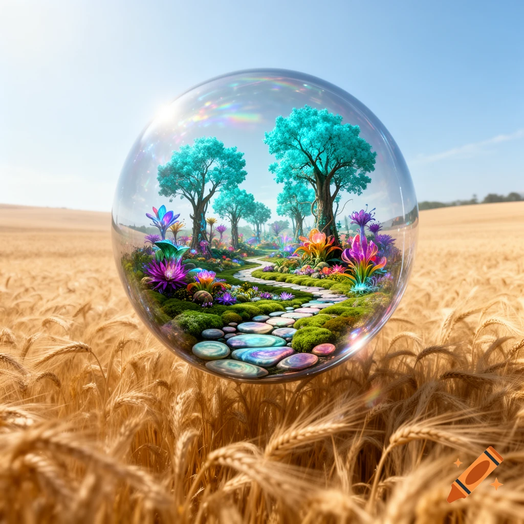 A clear globe in a wheat field holds a vibrant, fantastical garden with colorful trees, glowing flowers, and a winding path under a blue sky.