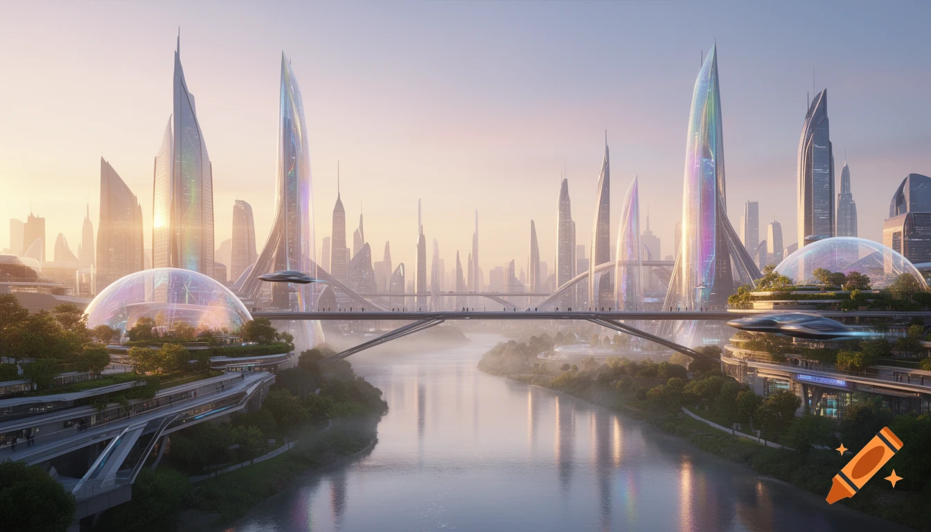 Futuristic cityscape at sunrise with iridescent skyscrapers, a river, a bridge, and flying vehicles.