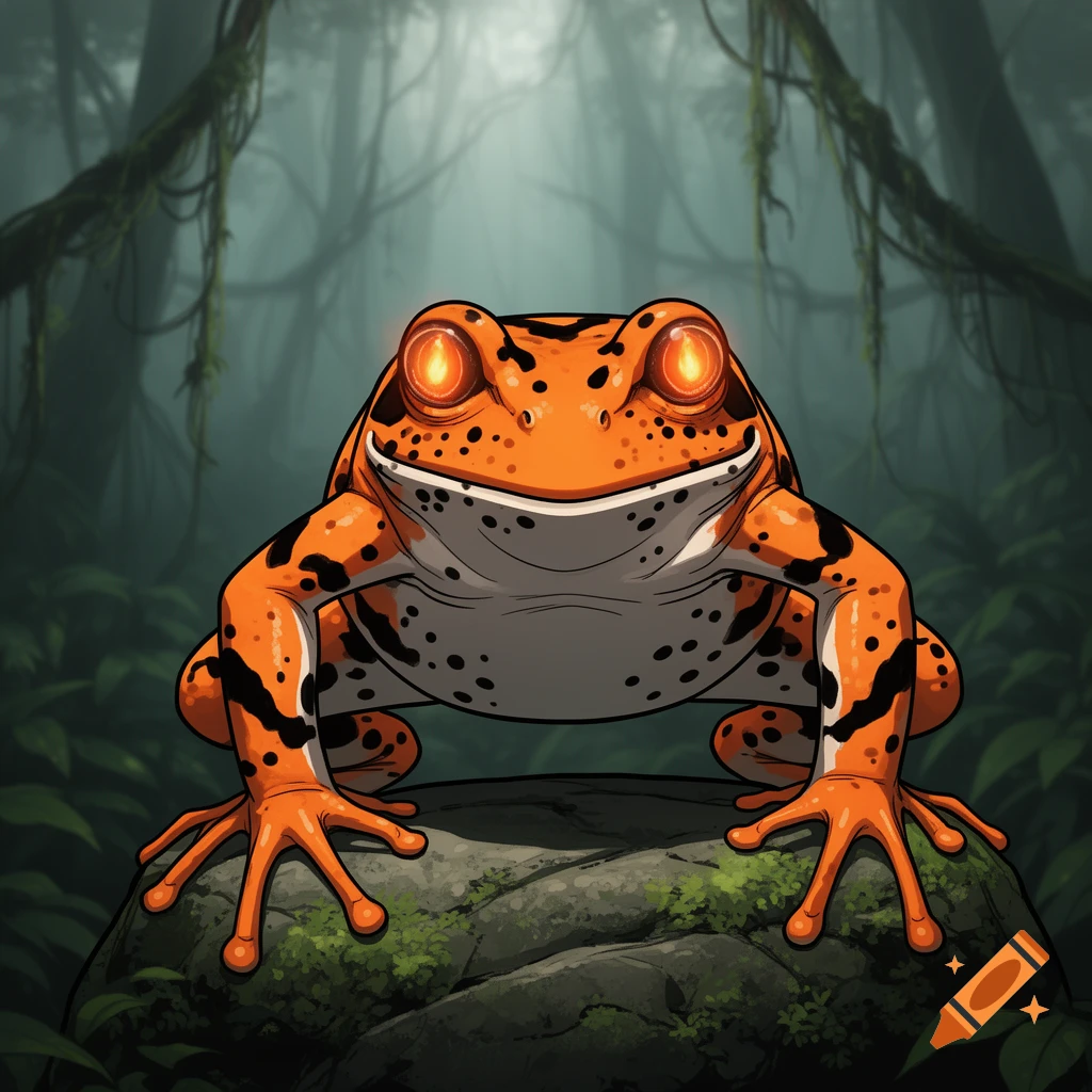 Manga-style orange frog with glowing eyes sitting on a mossy rock in a dark, misty jungle.