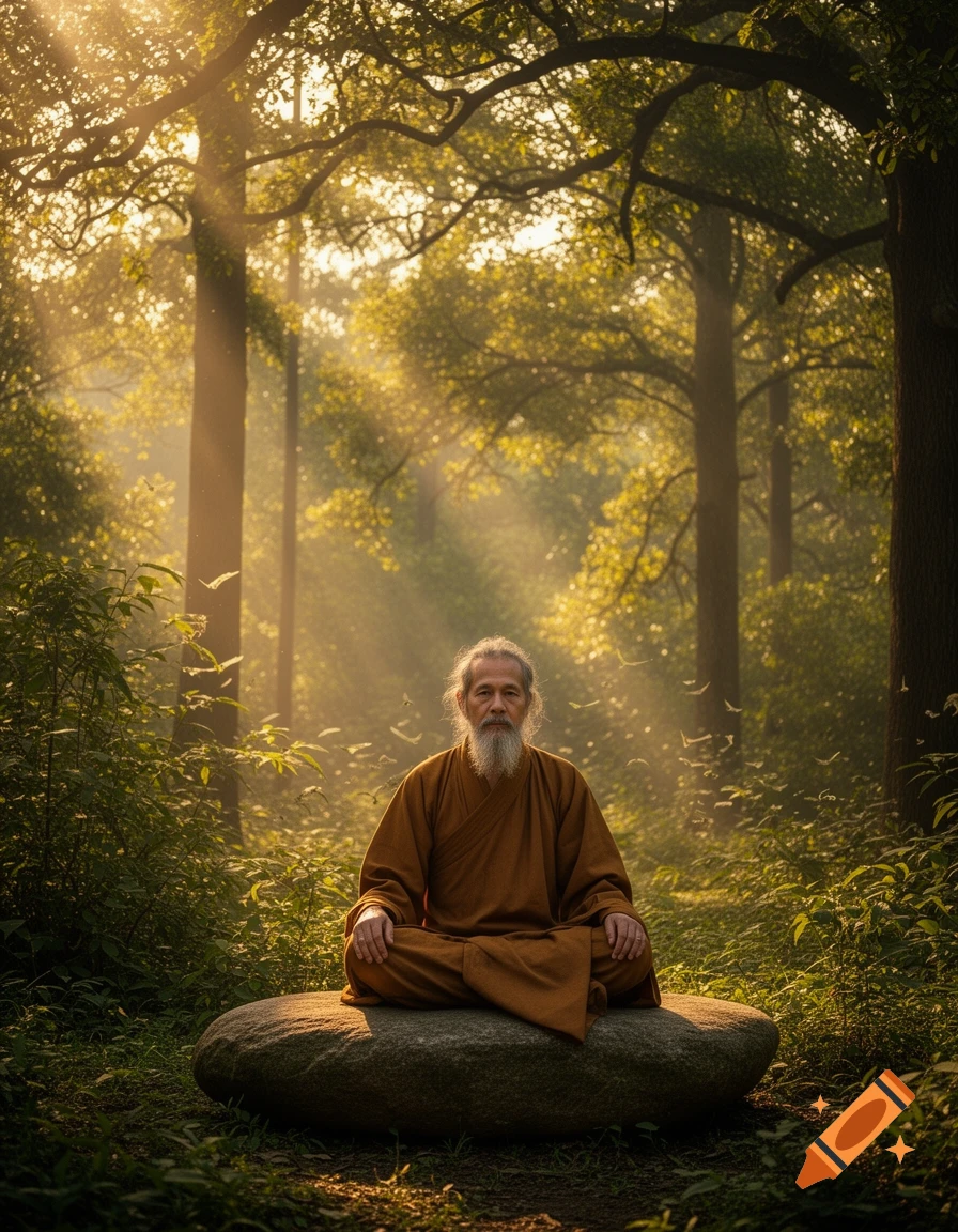 An old, bearded monk meditates on a rock in a sun-drenched forest, dappled light filtering through trees.