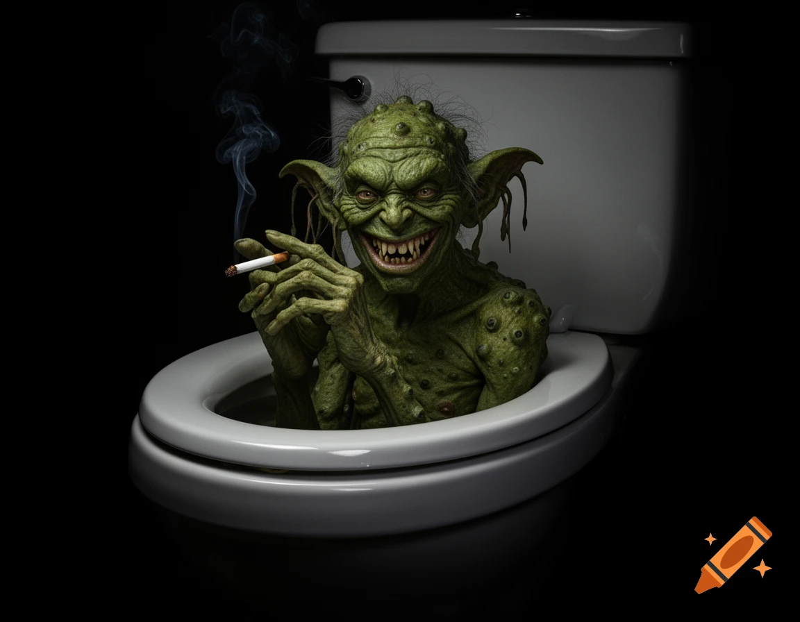 A grotesque green goblin-like creature with sharp teeth and long ears emerges from a toilet, smoking a cigarette in the dark.