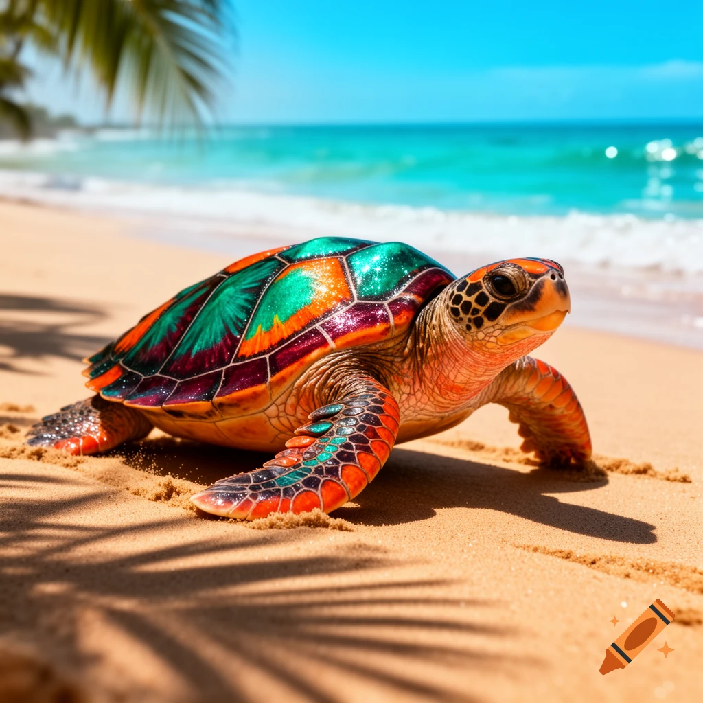 A vibrant, multicolored turtle with a shimmering shell crawls on a sandy beach towards the turquoise ocean under a bright blue sky.