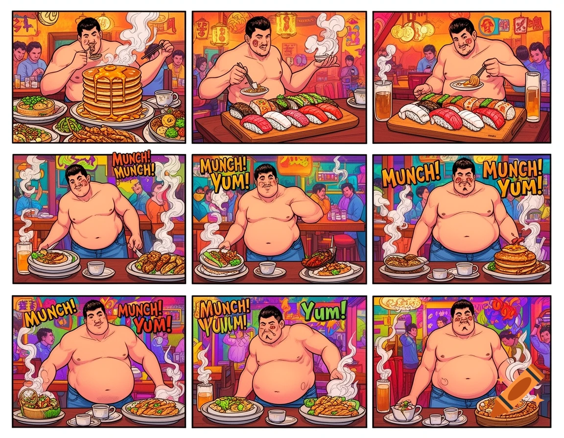 A colorful comic strip shows a man enthusiastically eating large quantities of different foods, including pancakes, sushi, and other dishes, progressively growing fatter across the panels.