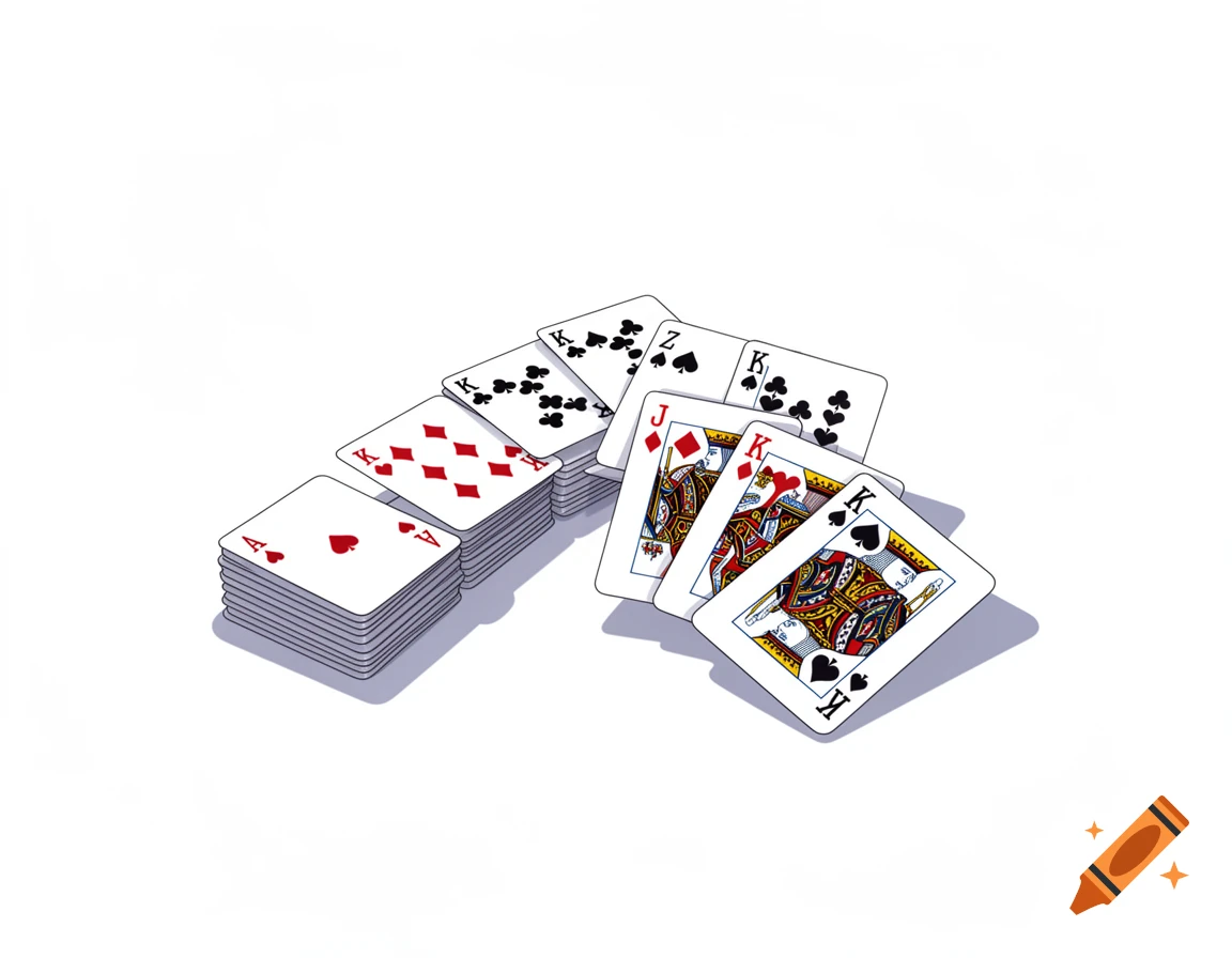 Vector art illustration of scattered playing cards and stacks of cards on a white background.