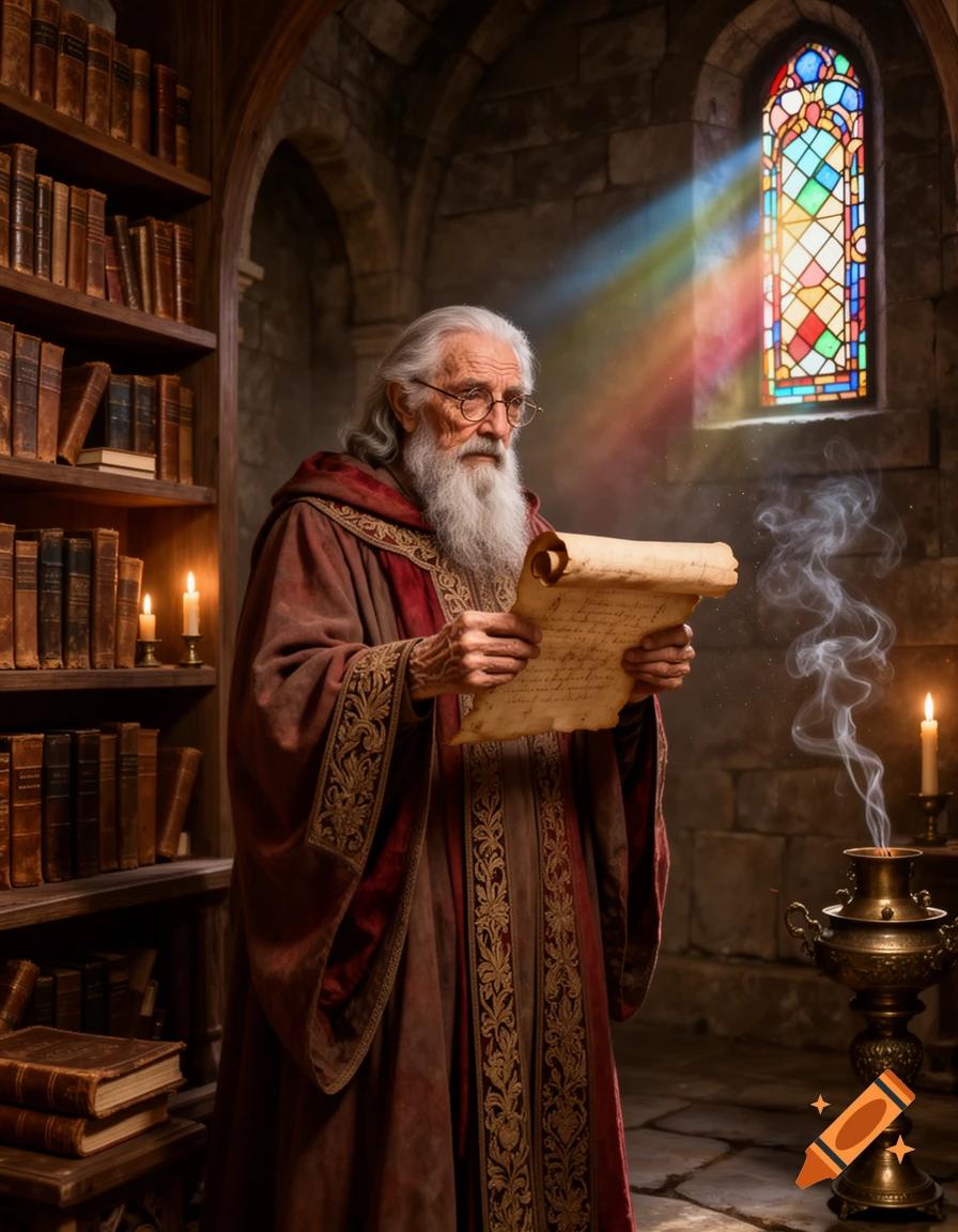 An old sage in a medieval robe with a white beard and glasses reads a scroll in a stone library, illuminated by stained glass light and candles.