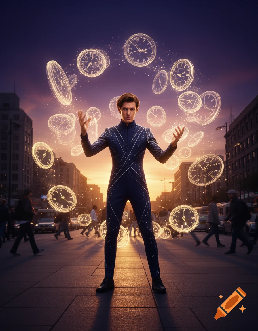 A man in a dark, glowing suit stands on a city street at dusk, surrounded by ethereal floating clocks, manipulating time.