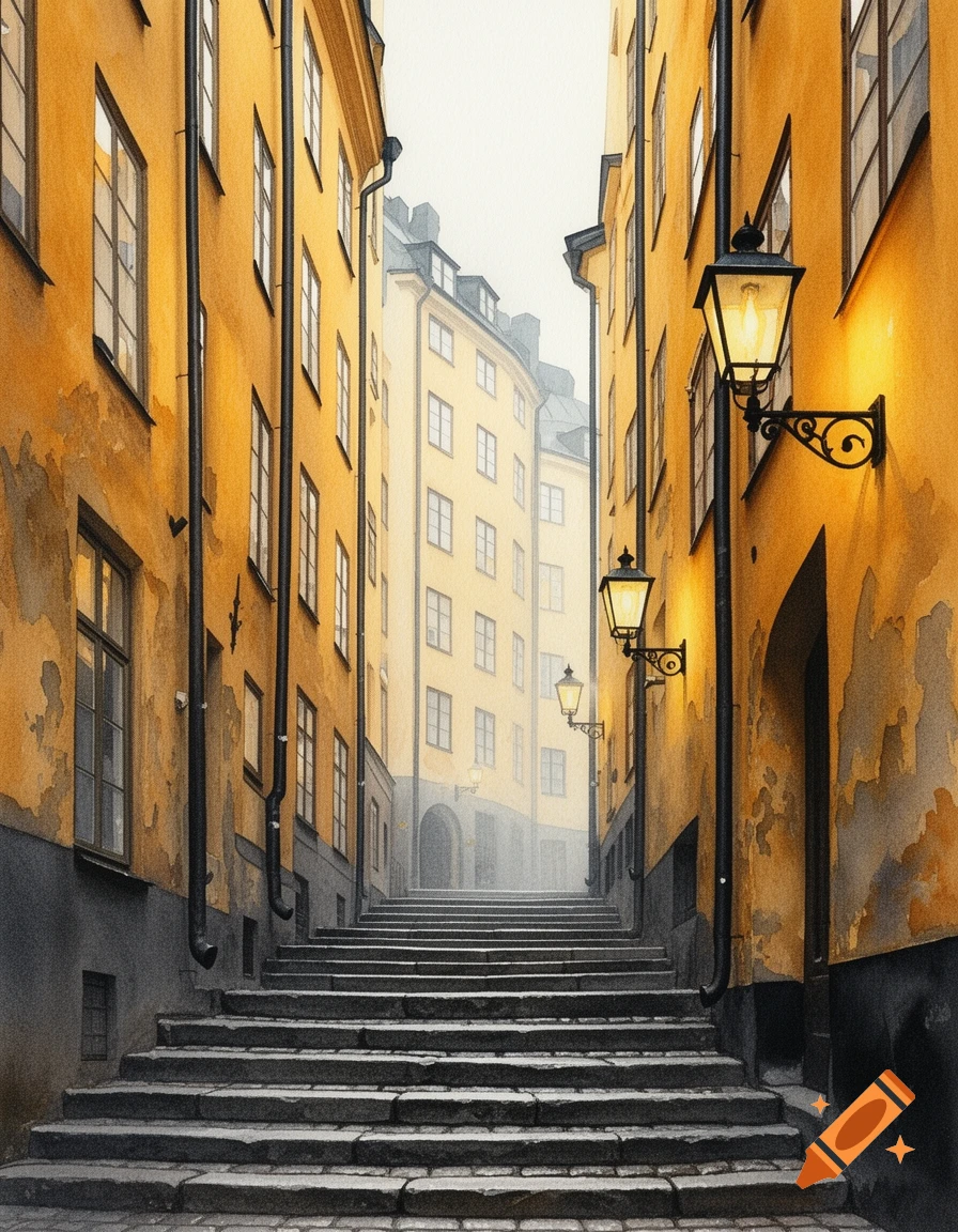 Wet watercolor painting of a narrow, misty alleyway in an old European city, lined with tall golden buildings and stone stairs.