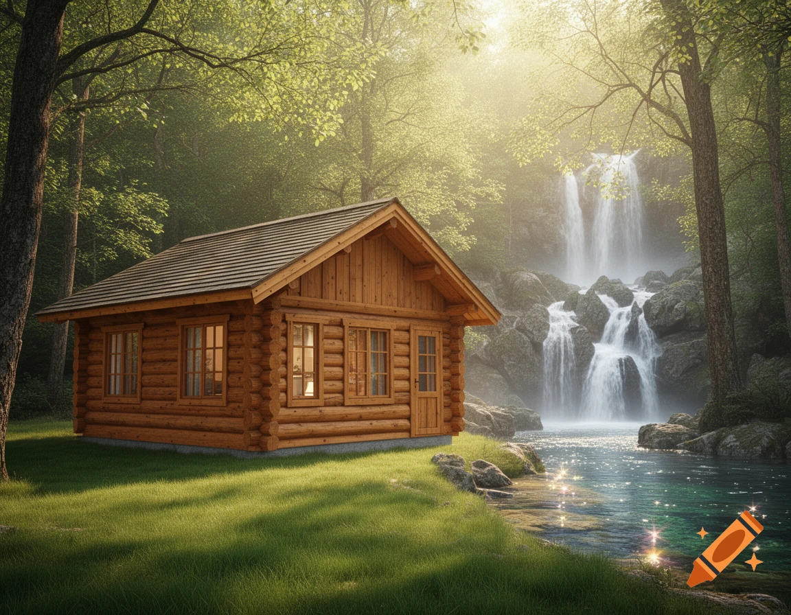 A wooden cabin by a sparkling river with a waterfall in a lush forest under golden light, photorealistic.