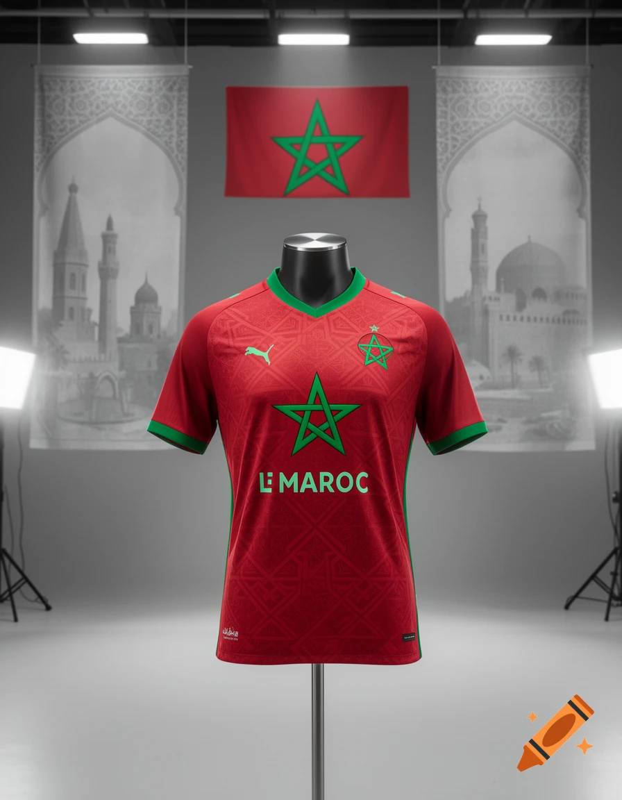 A red and green Moroccan soccer jersey with 'LE MAROC' text and a Puma logo on a mannequin, with the Moroccan flag and architectural banners in the background.