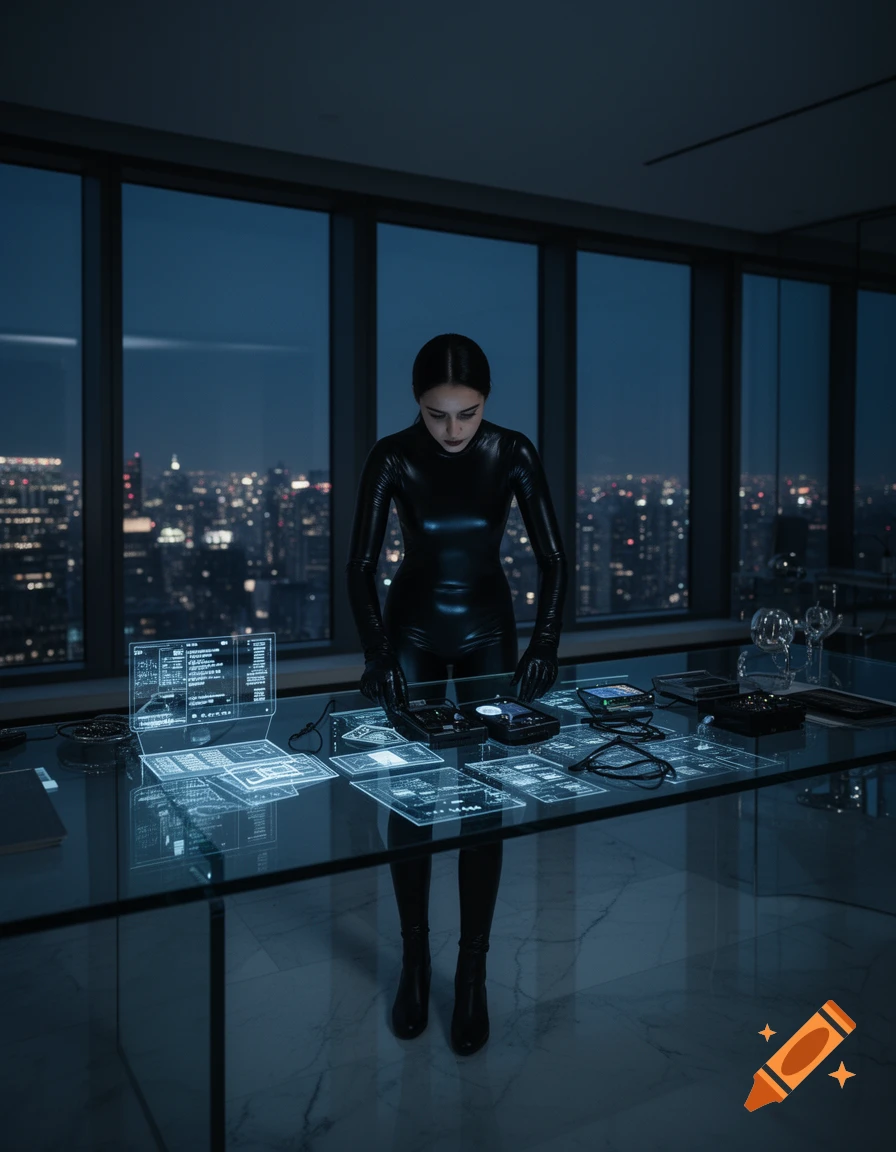 A woman in a black latex catsuit interacts with glowing holographic screens on a glass table in a high-rise office at night.