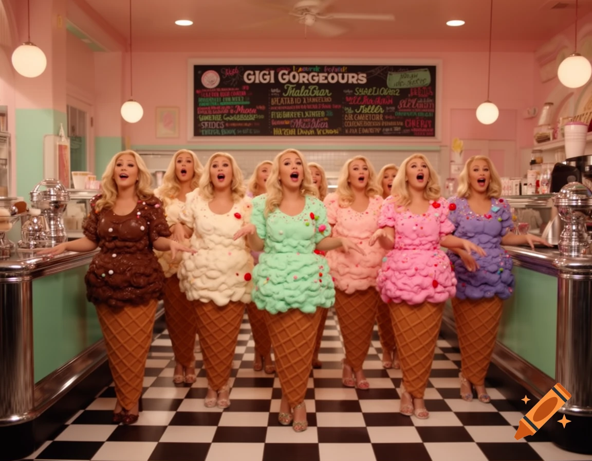 Many clones of Gigi Gorgeous wearing various ice cream cone dresses sing together in a pastel pink ice cream parlor.