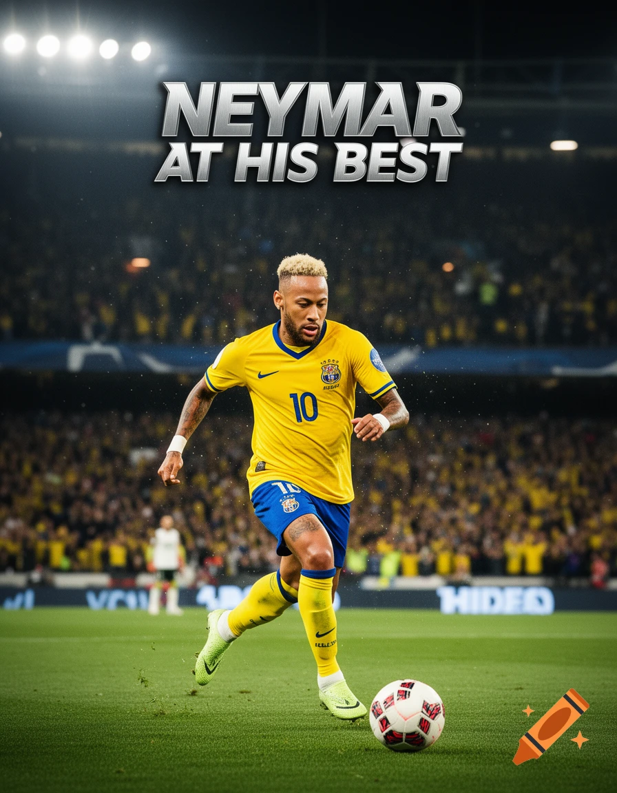 Photorealistic image of soccer player Neymar Jr. in a yellow jersey, dribbling a ball on a stadium field with the title "NEYMAR AT HIS BEST".