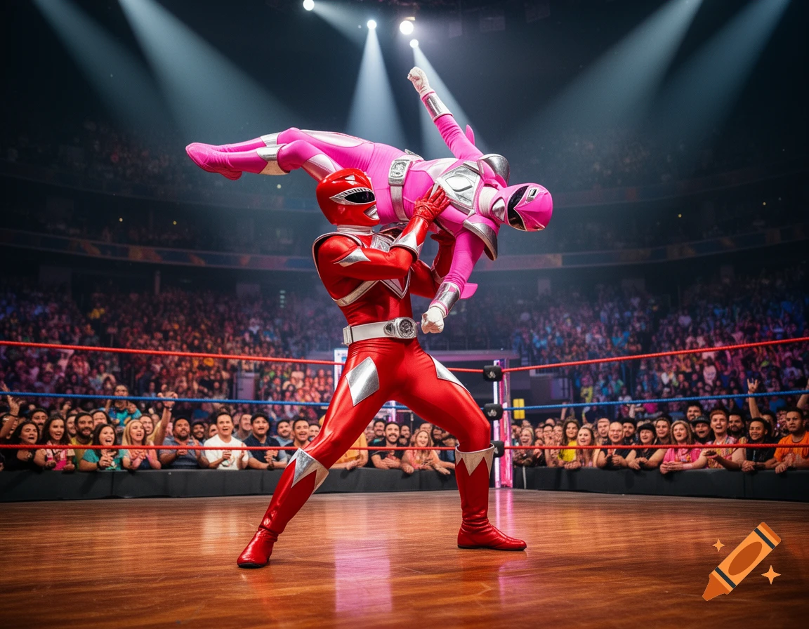 Red Power Ranger lifting the pink Power Ranger in a wrestling move in a brightly lit arena packed with cheering spectators.