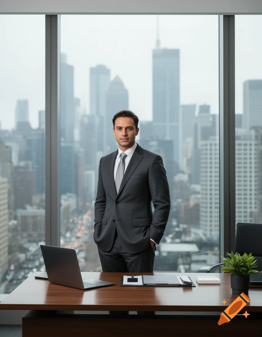 A man in a suit stands in an office in front of a large window, overlooking a city skyline.