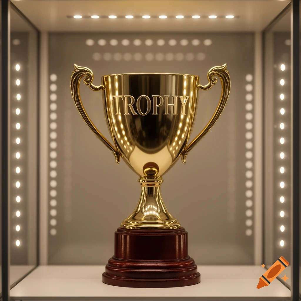 A gleaming golden trophy with the word "TROPHY" engraved, set on a dark wooden base inside a lit glass display case.