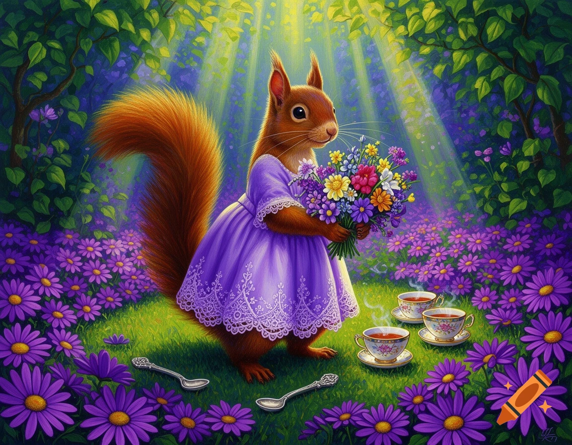 A squirrel in a purple dress holding a bouquet of flowers in a magical garden with purple daisy flowers and teacups, digital painting.