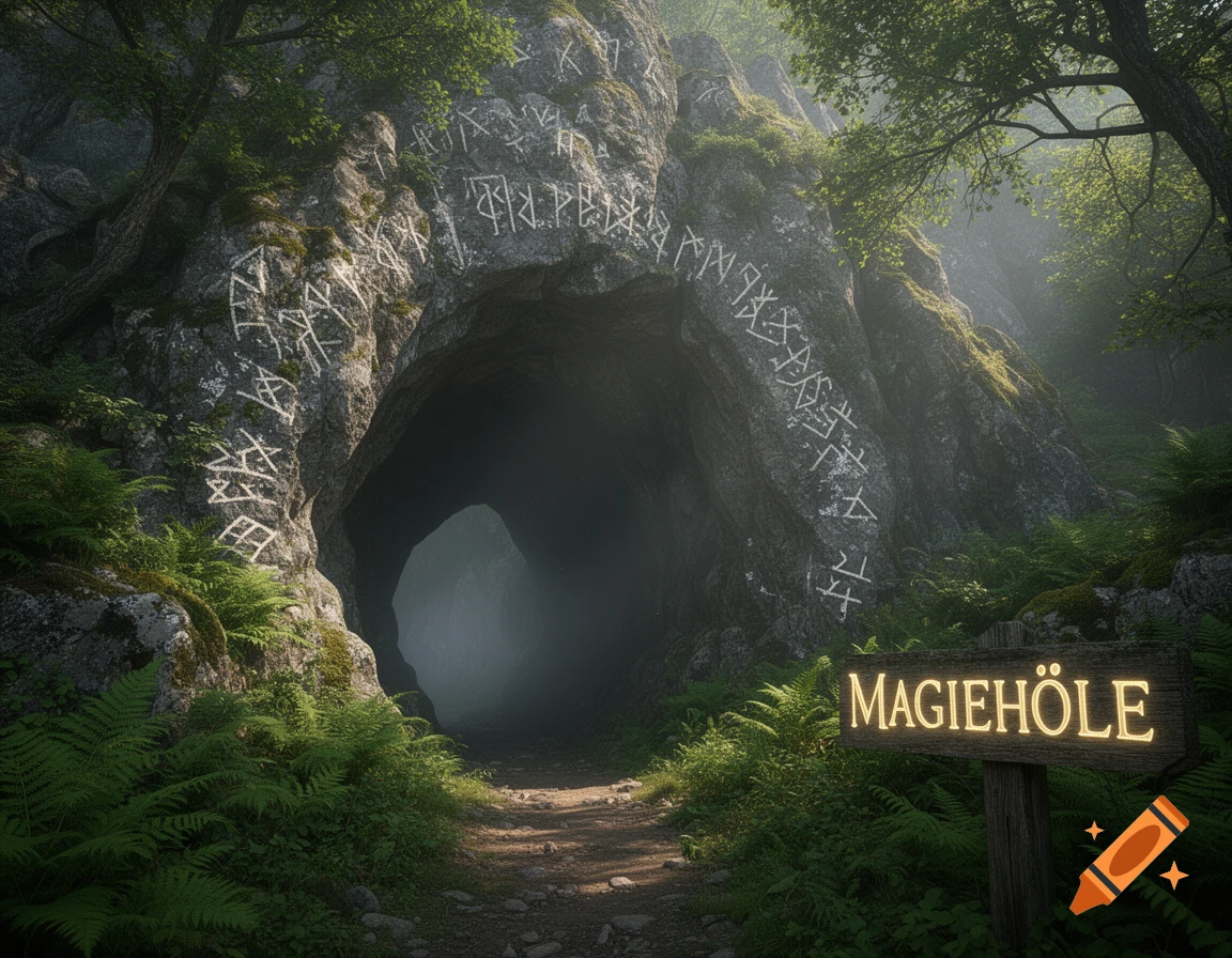 A path leads into a dark cave entrance covered in runes, surrounded by ferns and trees, with a glowing wooden sign reading 'MAGIEHÖLE'.