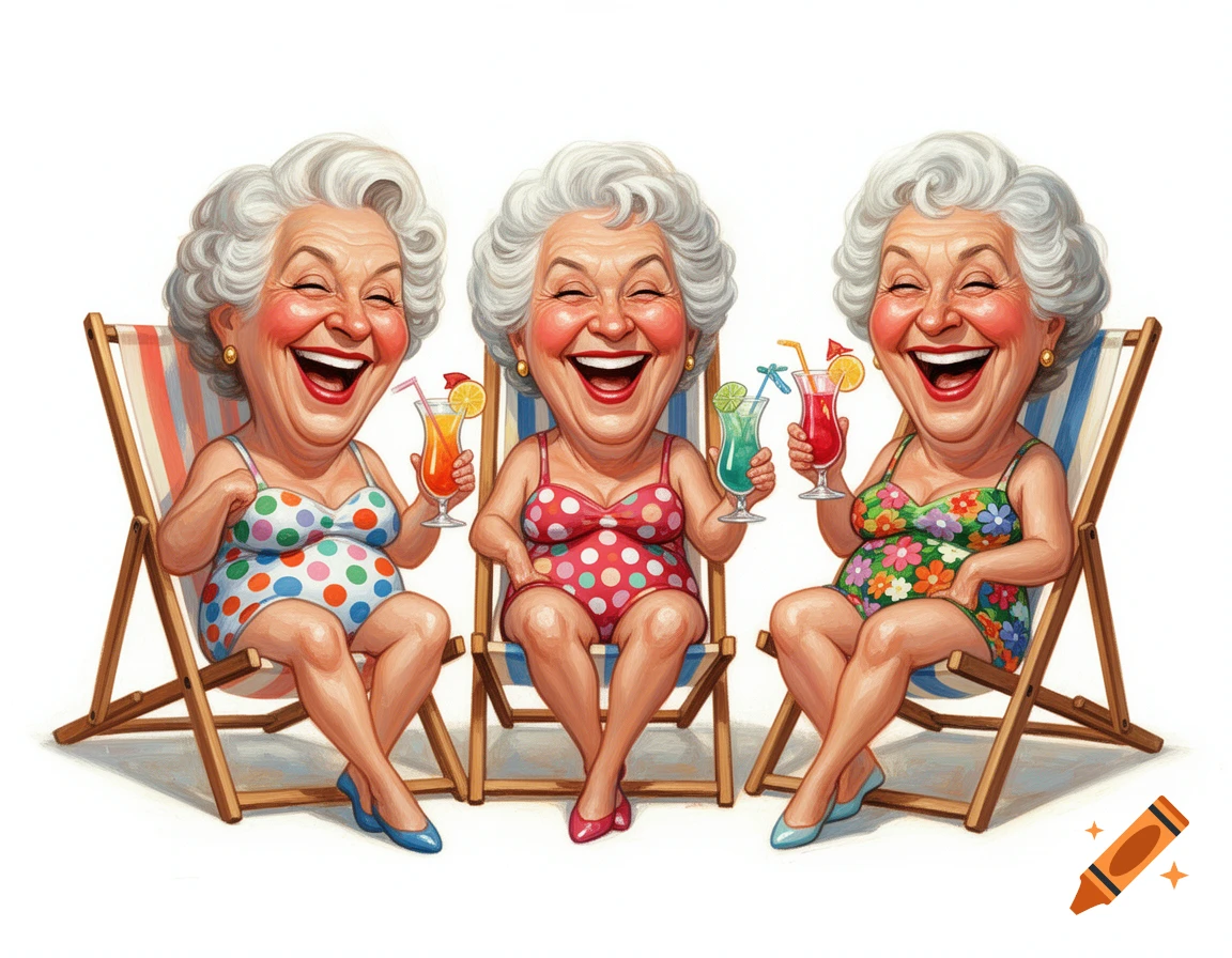 Three elderly women in swimsuits, depicted in a caricature style, sit on deck chairs, laughing and holding cocktails.