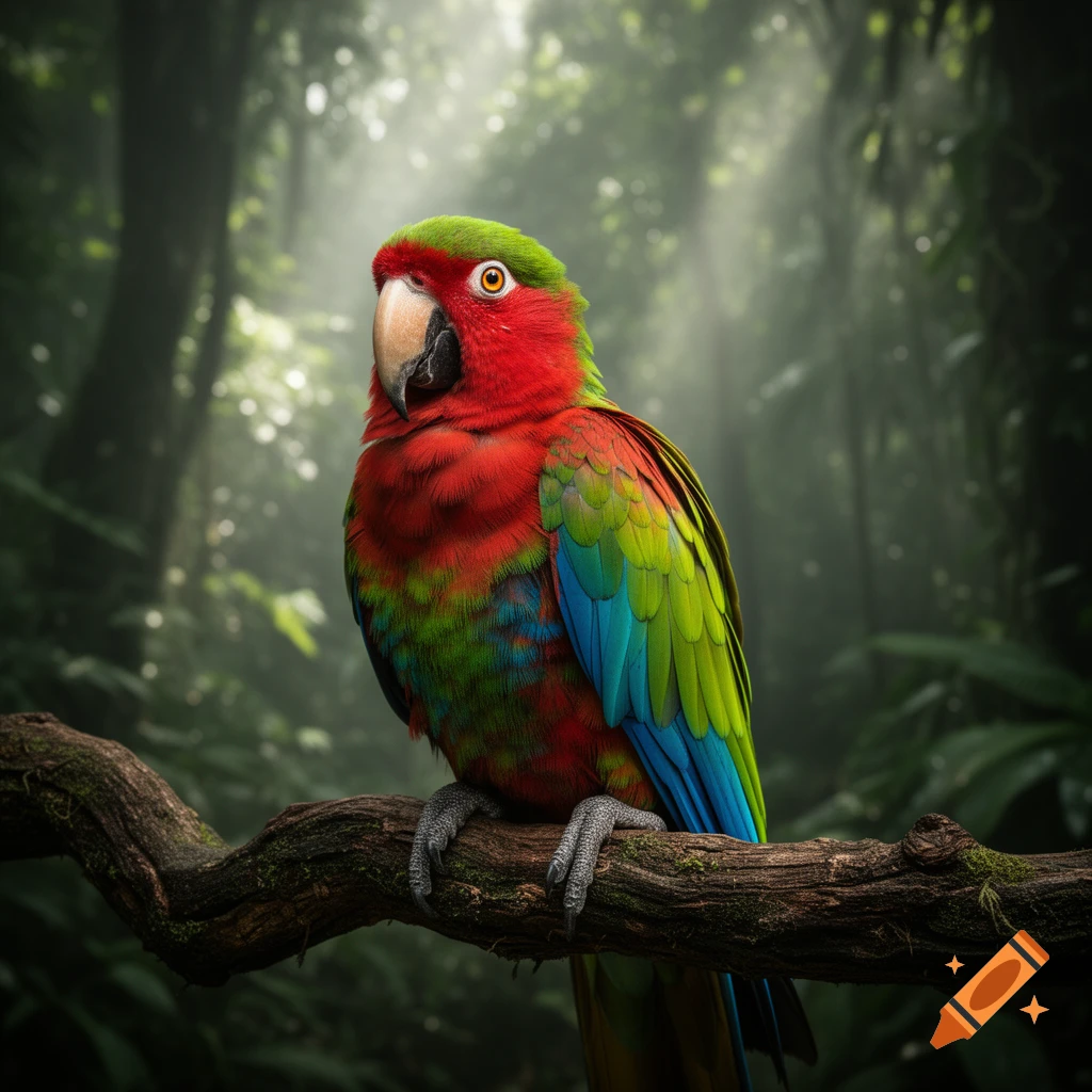 A vibrant red, green, and blue parrot with a large beak perches on a mossy branch in a misty, lush green jungle.
