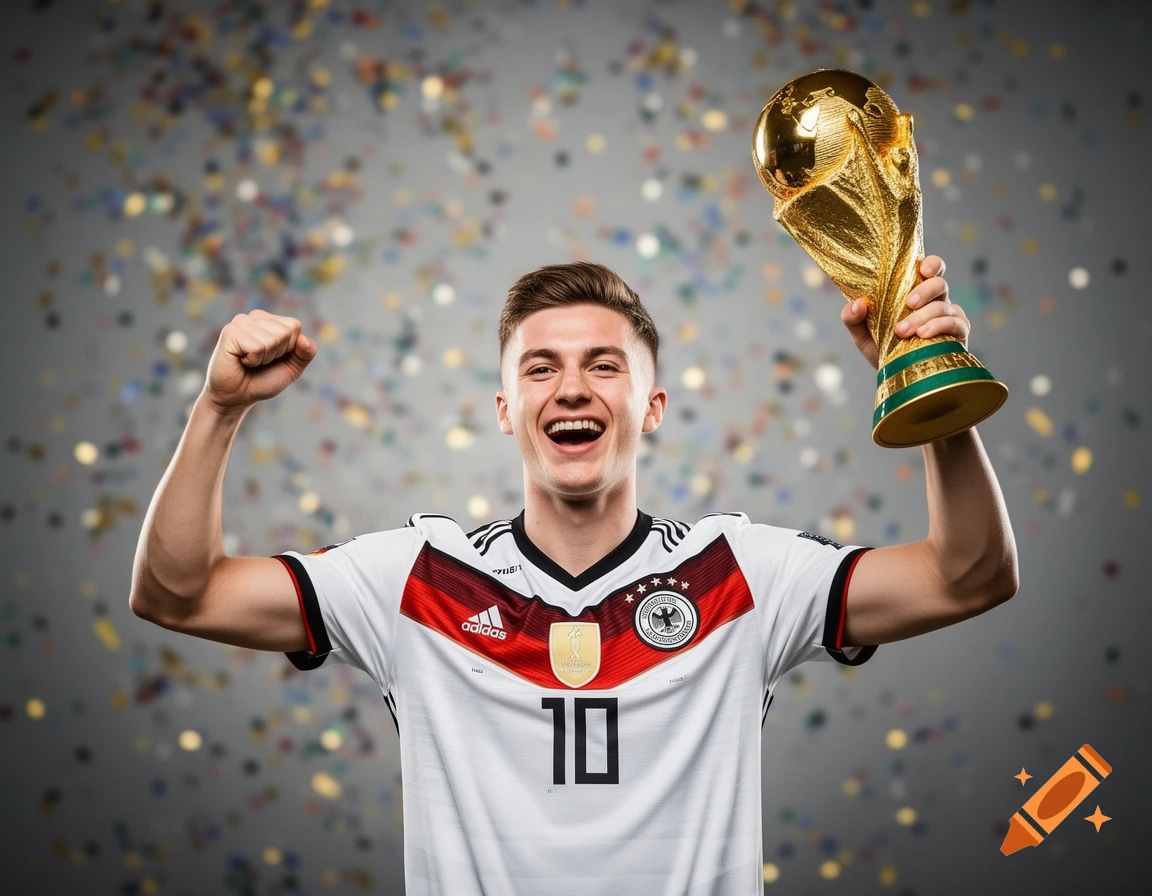 A joyful male soccer player in a Germany jersey holds a gold World Cup trophy aloft with confetti falling around him.