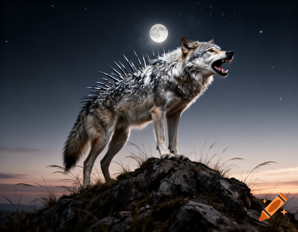 A majestic fantasy wolf with sharp quills on its back howls on a rocky hill under a bright full moon at twilight.