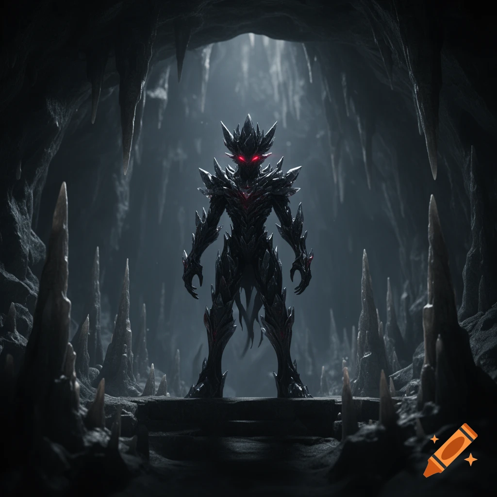A menacing, spiky, dark figure with glowing red eyes stands in a dark, cavernous setting with stalagmites and stalactites.