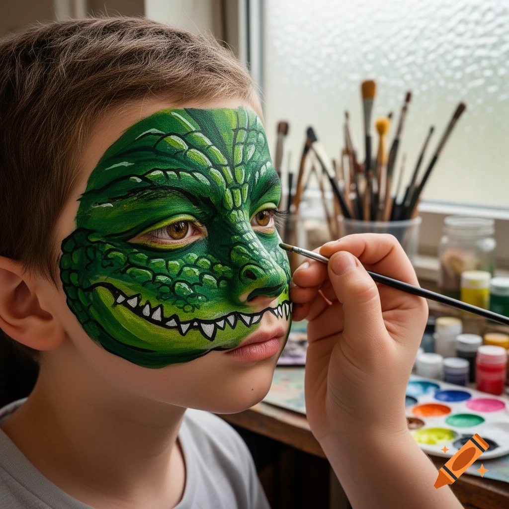 A child having their face painted like a green crocodile with white teeth, in a close-up, photorealistic shot.