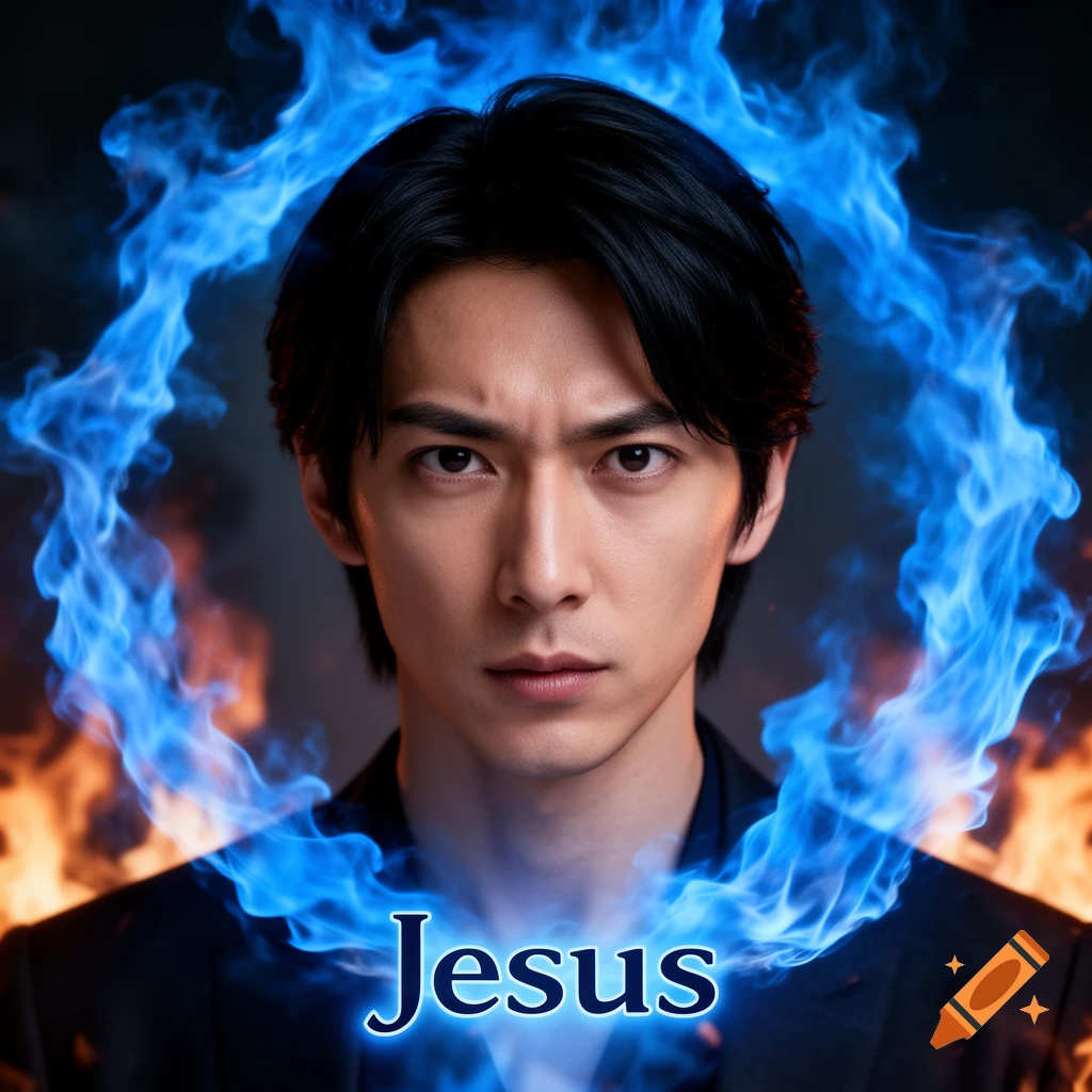 A man with dark hair looks intensely forward, surrounded by blue and orange flames, with 'Jesus' written below him.