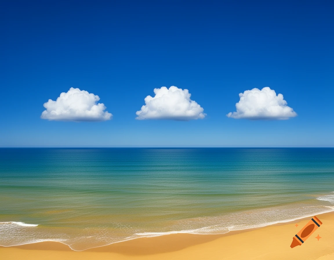 A serene beach with golden sand, turquoise ocean, a clear blue sky, and three fluffy white clouds.