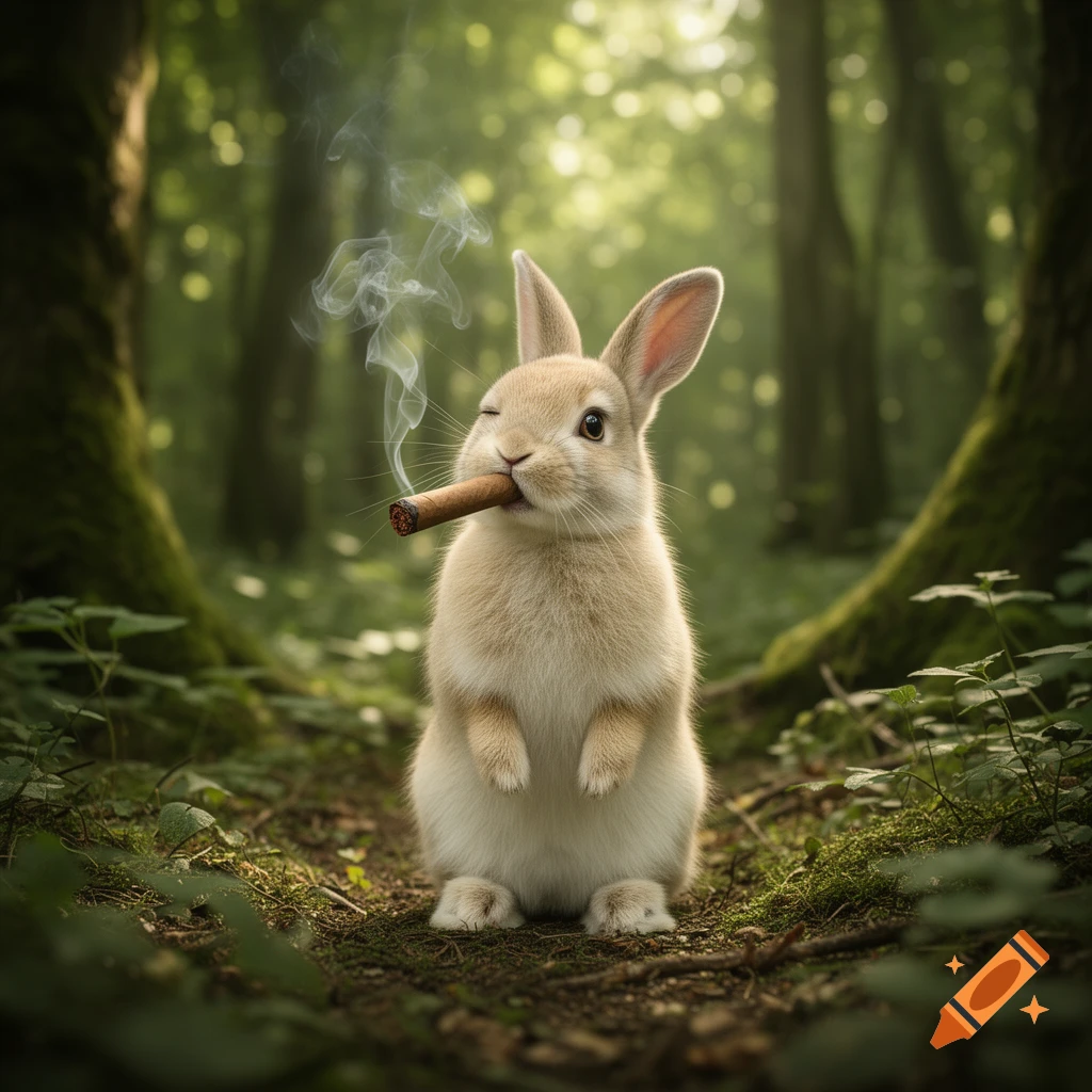 A cute, photorealistic rabbit winks, holding a lit cigar in its mouth with smoke rising, standing in a magical, sunlit forest.