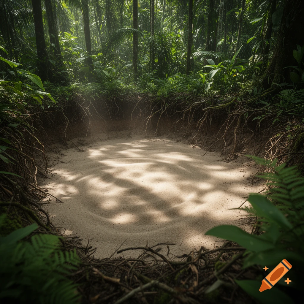 A circular sandy pit, resembling quicksand, at the base of a steep-sided hole surrounded by dense green jungle foliage.