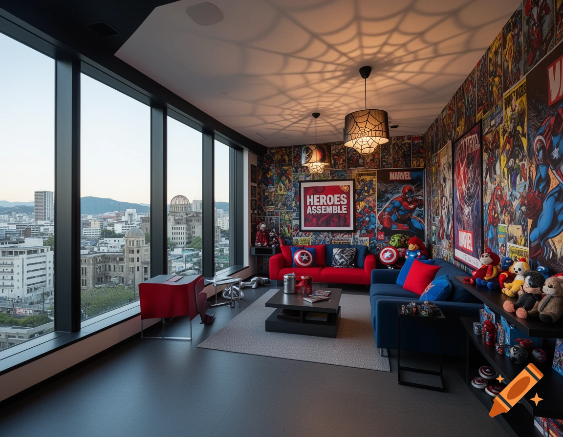 A modern room with a Marvel superhero theme, featuring comic book wallpaper, red and blue sofas, and a city view from large windows.