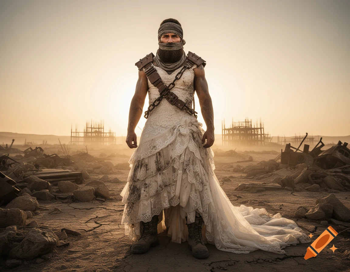 Bearded man in a dirty wedding dress with armor stands in a dusty, ruined wasteland under a warm sky.