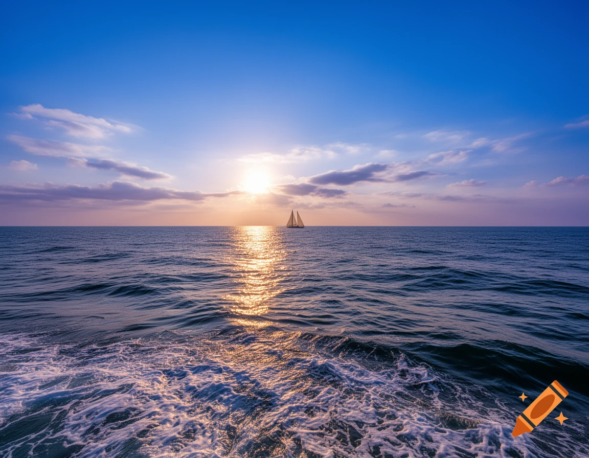 Photorealistic image of a sailboat at sunset on the open sea, with golden reflections on the water and a colorful sky.