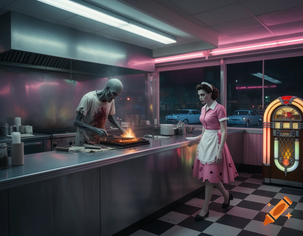 A zombie cook with a bloody shirt prepares food in a retro 1950s diner kitchen, while a zombie waitress in a pink uniform walks by a jukebox.