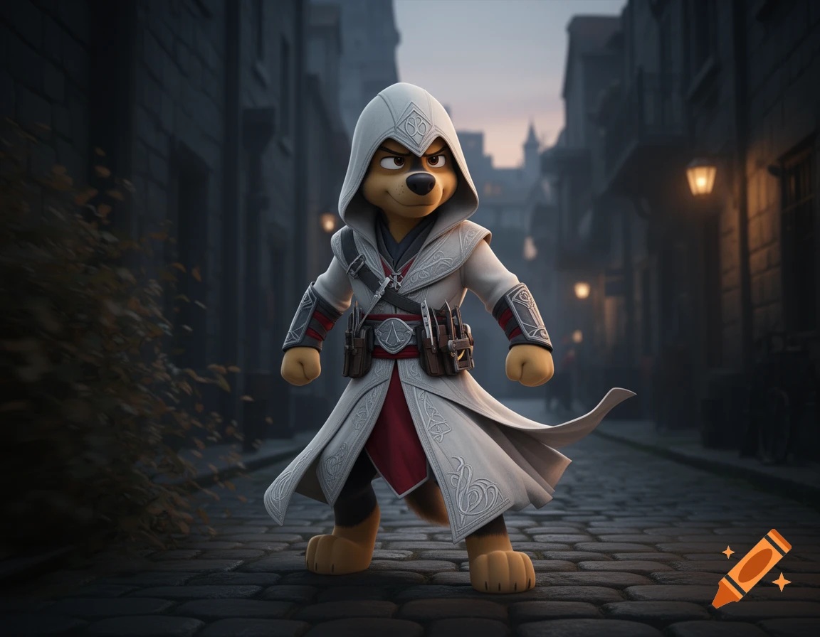 A cartoon dog resembling Rocky from Paw Patrol, dressed in a white Assassin's Creed hooded robe, stands in a dark cobblestone alley.