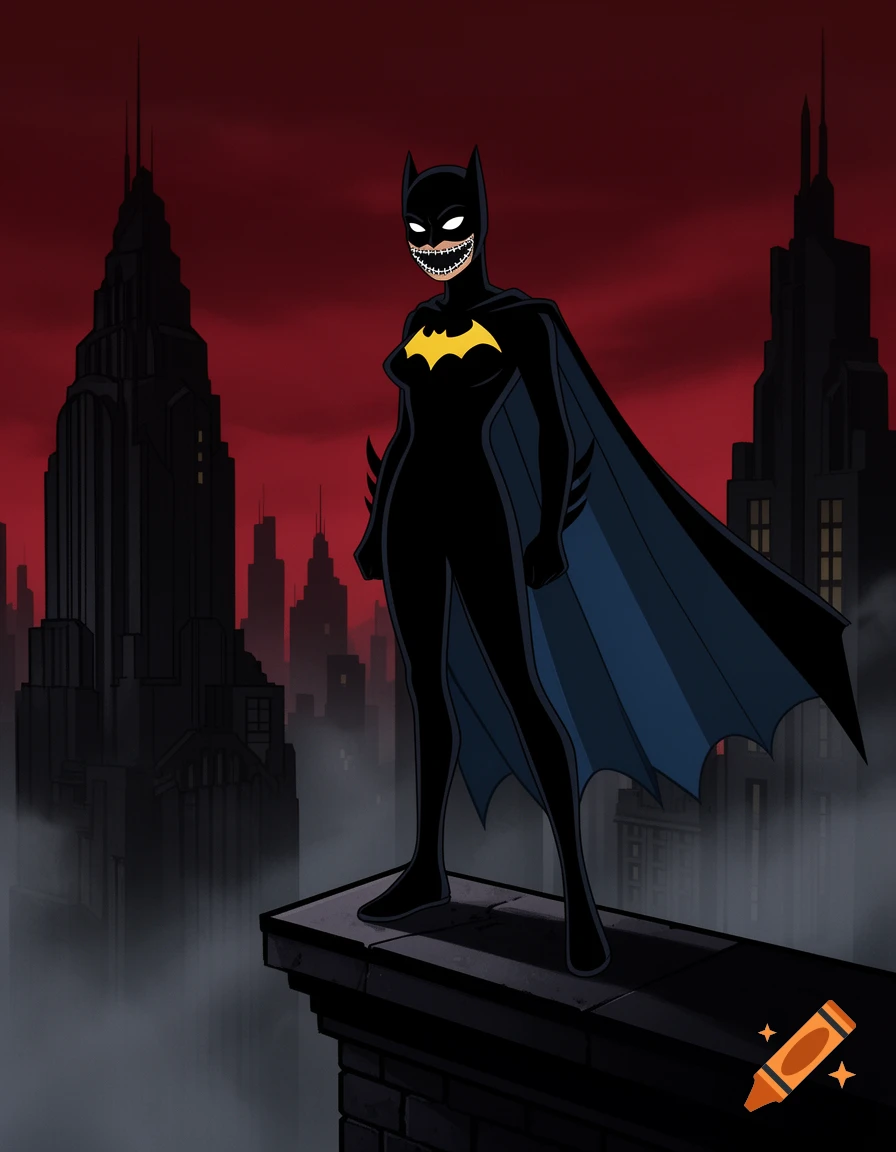 Cassandra Cain as Batgirl stands on a Gotham rooftop at night, stylized in Batman: The Animated Series aesthetic, with a grinning mask.
