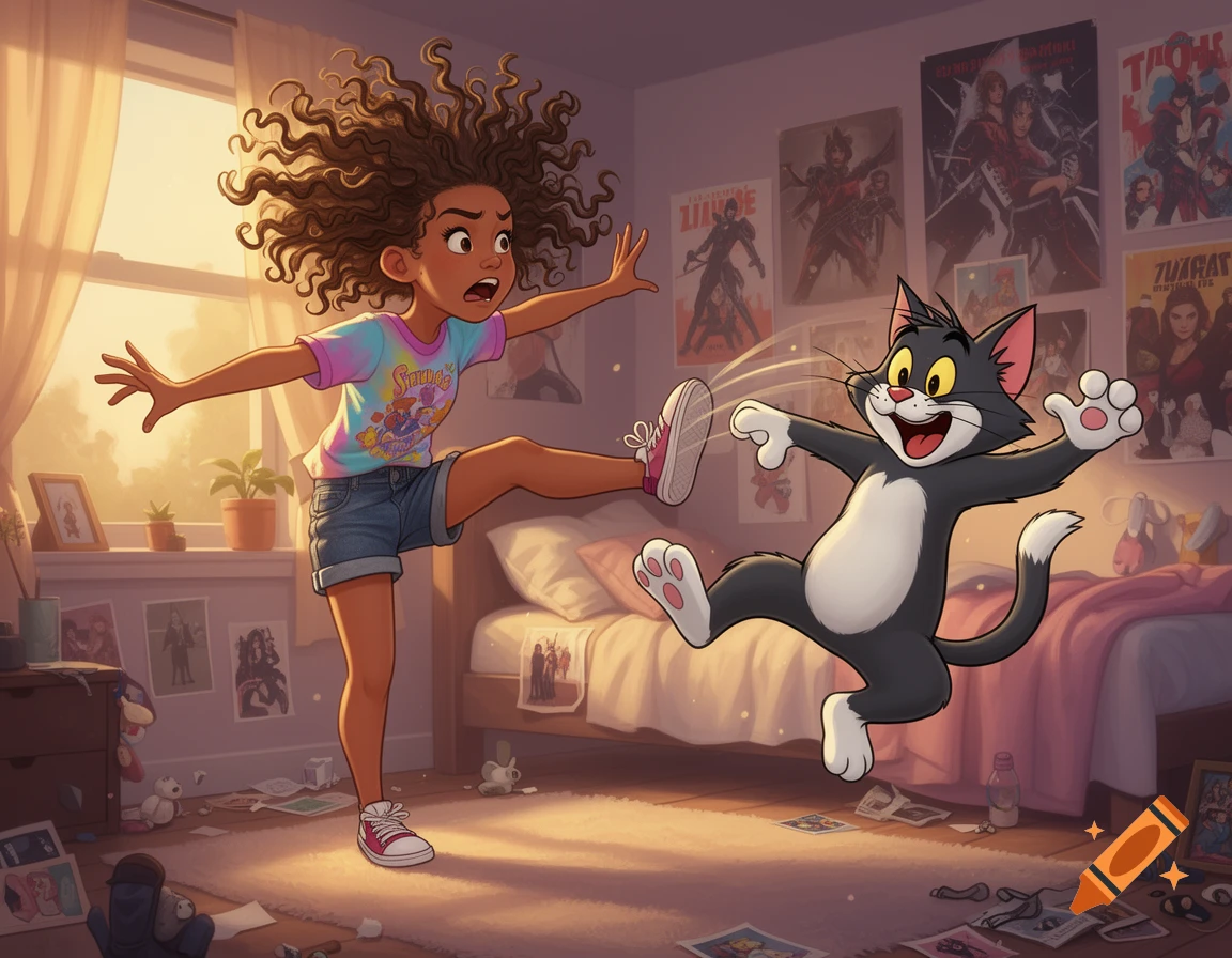 A cartoon teenage girl with curly hair kicks Tom Cat in a messy bedroom, with posters on the wall and sunlight streaming in.