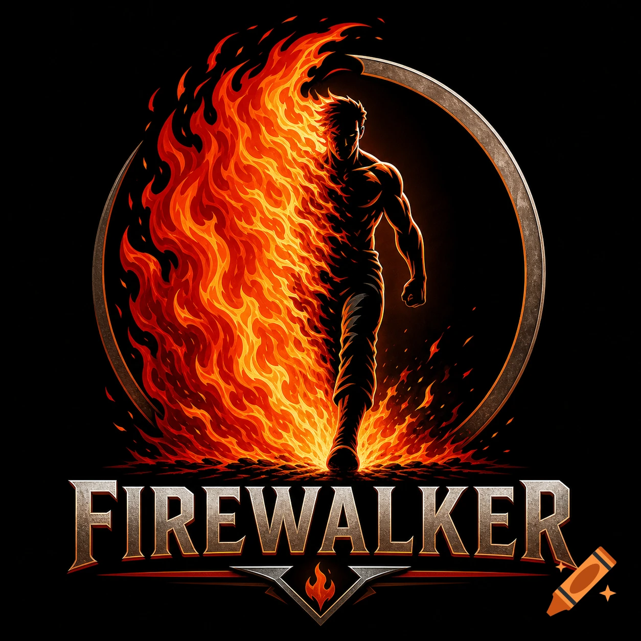 A stylized logo featuring a man walking through a wall of fire within a metal ring, with the word 'FIREWALKER' below.
