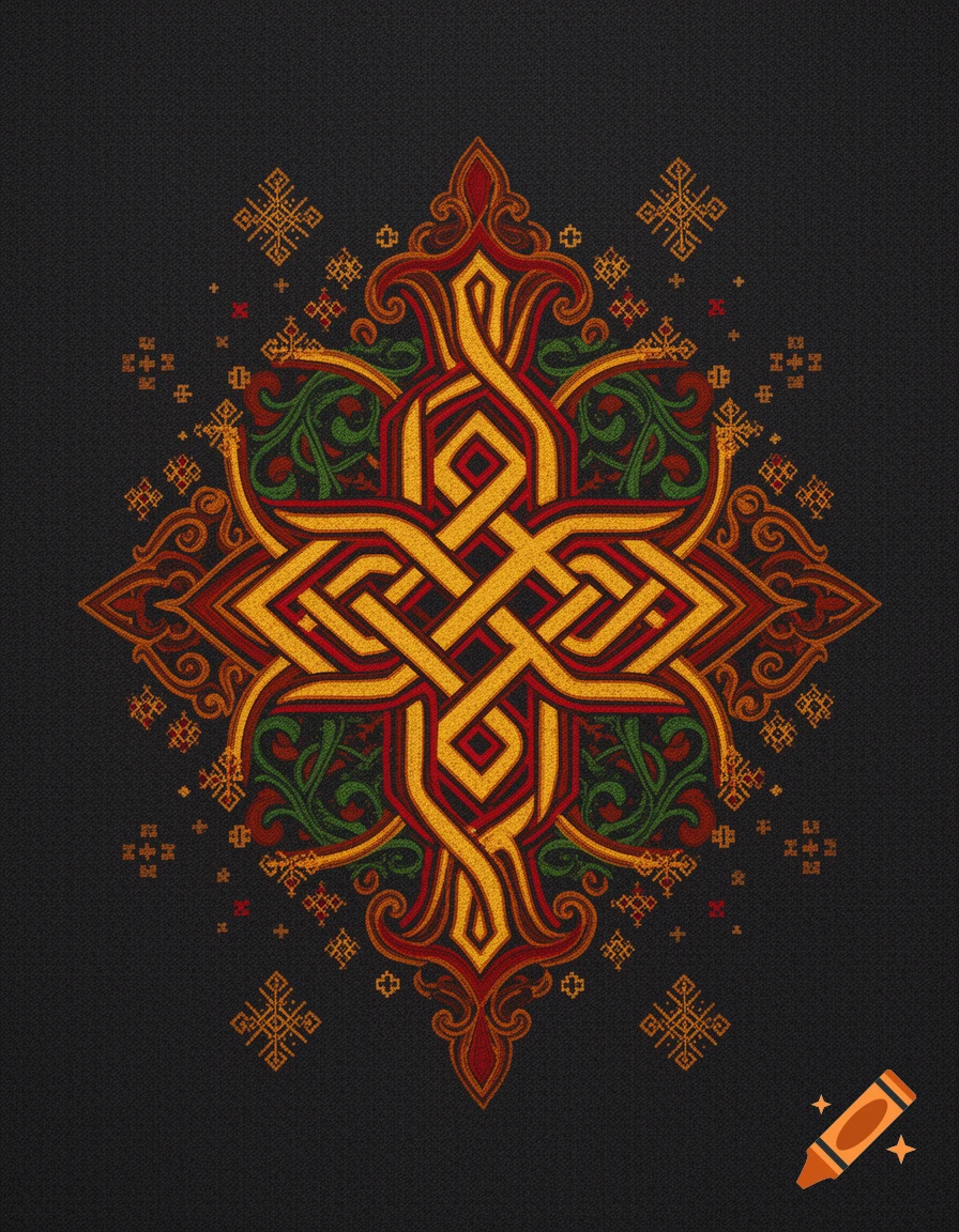 An intricate gold, red, and green symmetrical knotwork design, resembling embroidery on a dark fabric background.