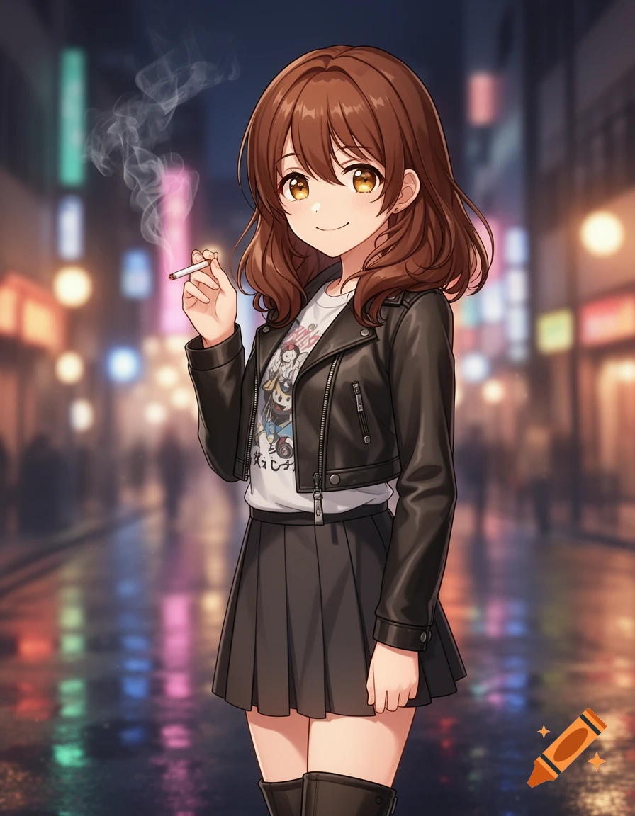 An anime girl with brown hair and golden eyes, wearing a black leather jacket and skirt, smoking on a rainy city street at night.