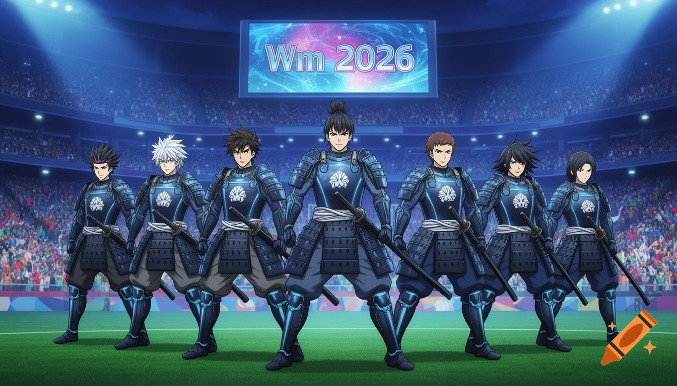 Anime-style team of men in dark, futuristic samurai armor standing on a stadium field with 'Wm 2026' on a jumbotron.