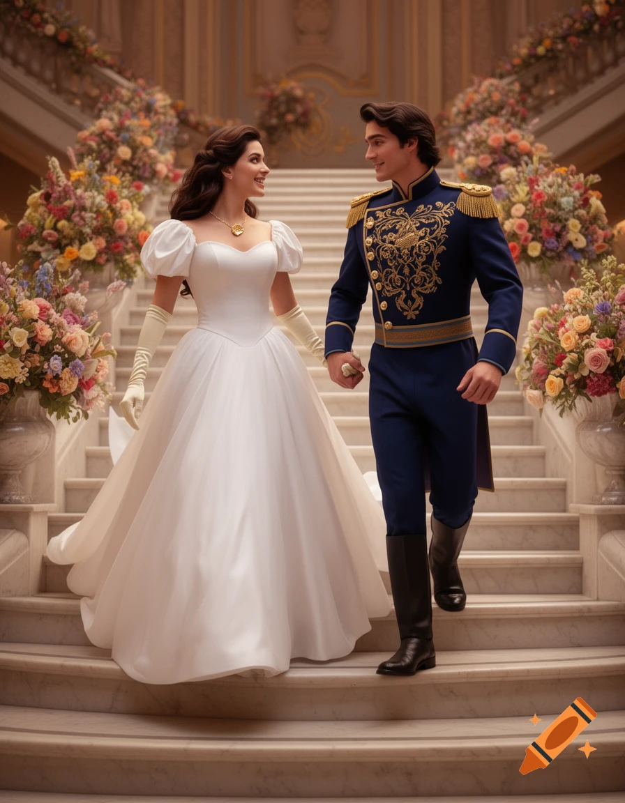 A prince in a blue uniform and a princess in a white ball gown with puff sleeves and long gloves walk hand-in-hand down grand stairs adorned with flowers, looking at each other warmly.