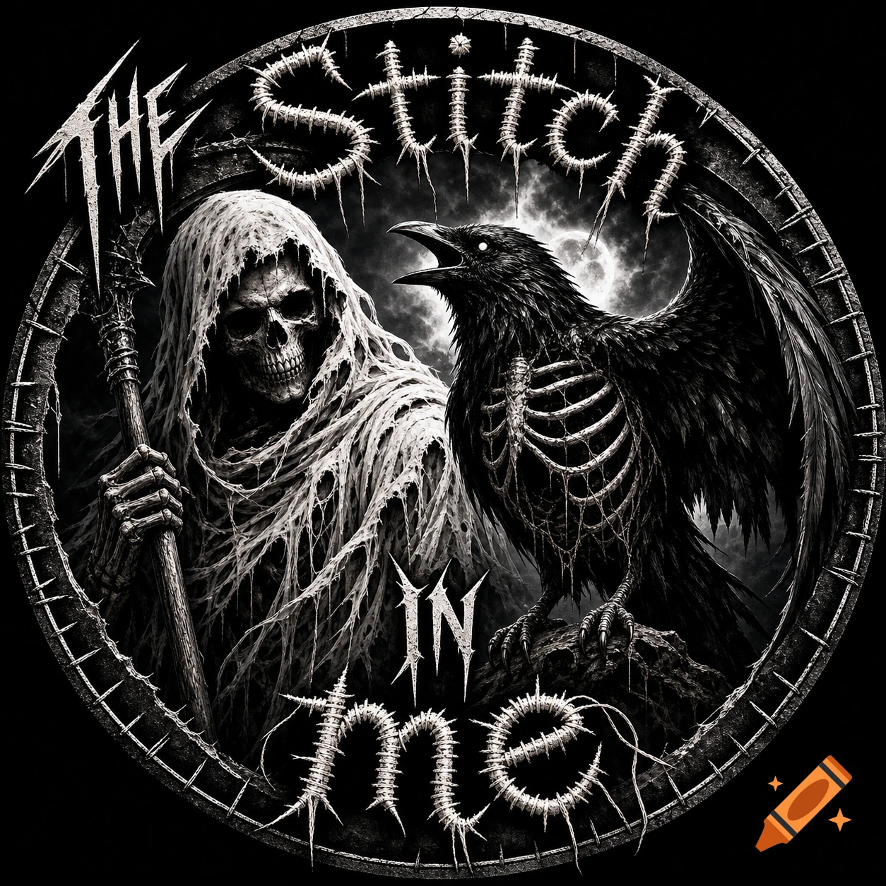 A circular heavy metal emblem featuring a grim reaper holding a scythe next to a raven with an exposed ribcage, text reads "The Stitch in me".