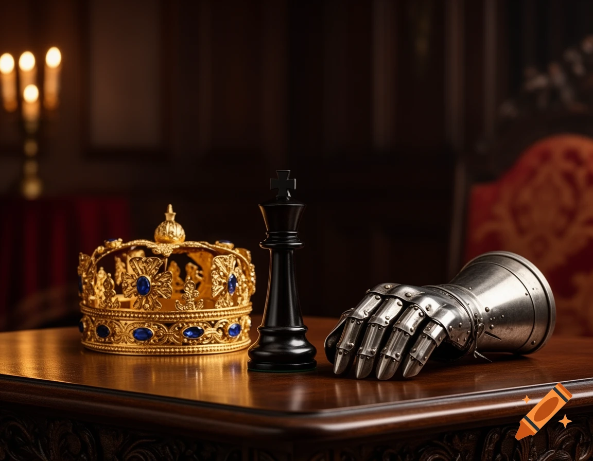 A black king chess piece, an ornate golden crown with blue jewels, and a silver gauntlet resting on a dark wooden table.