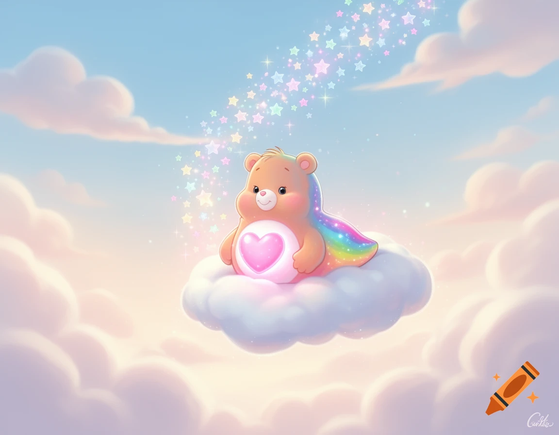 A cute, orange Care Bear cousin with a glowing pink heart belly badge and a rainbow mane sits on a fluffy cloud under a pastel sky filled with sparkling stars.