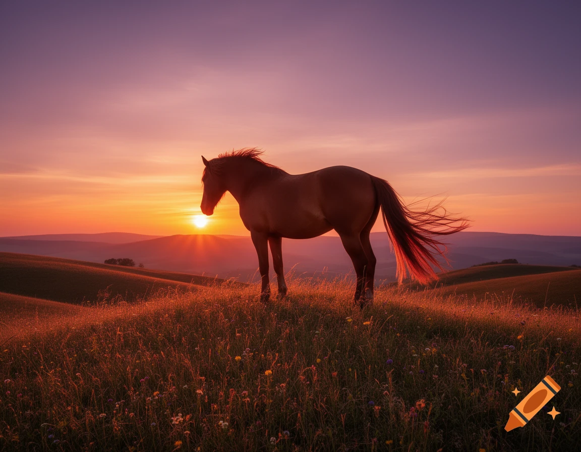A horse stands silhouetted against a vibrant orange and purple sunset over rolling hills.