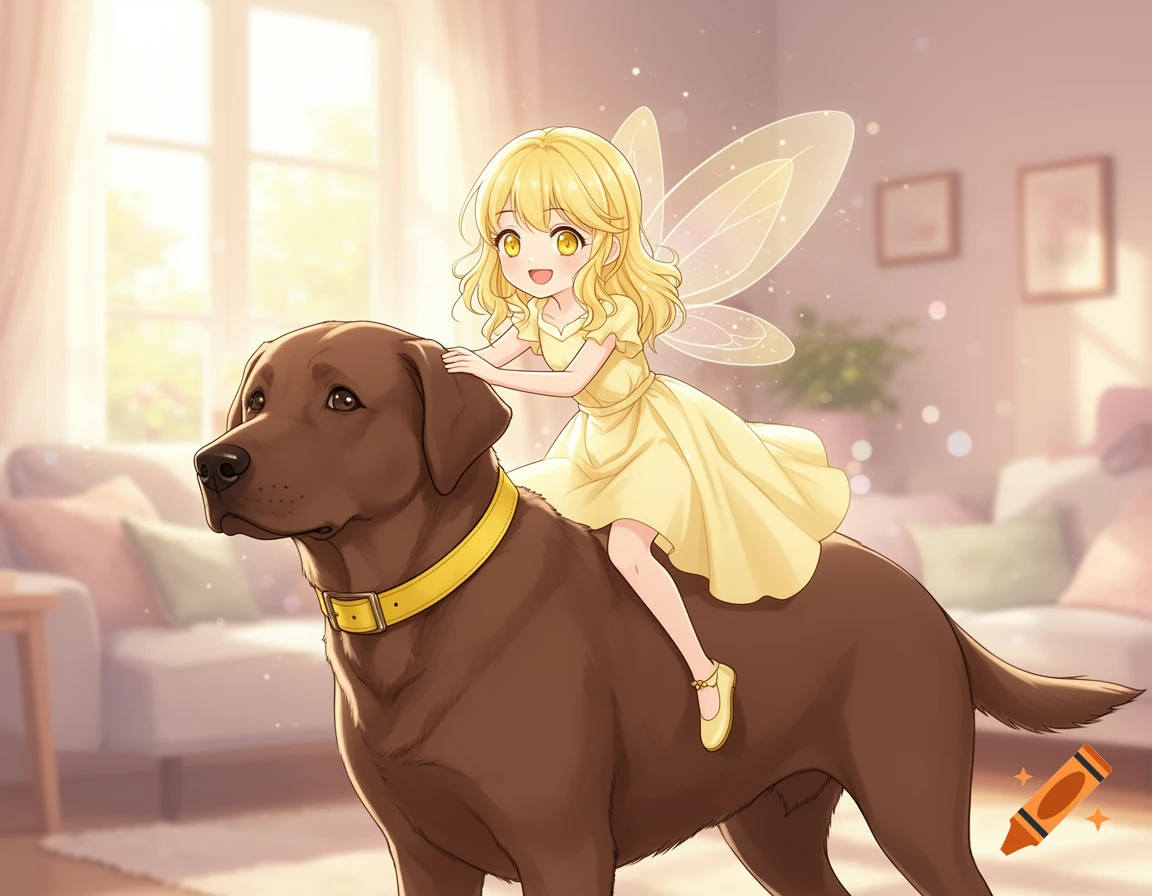 Anime art of a tiny blonde fairy with wings riding a brown Labrador Retriever in a sunlit living room.