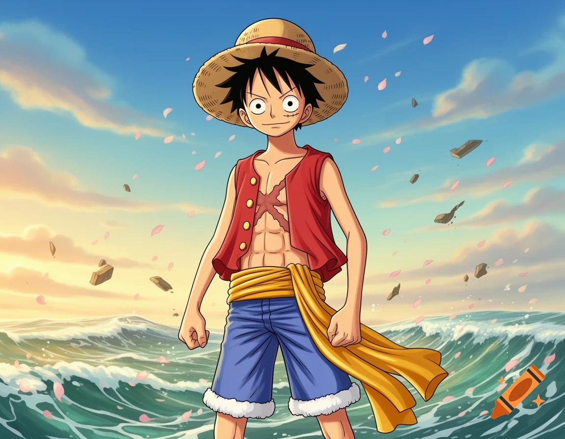 Luffy in his signature straw hat, red vest, blue shorts, and yellow sash stands on ocean waves with a sunset sky and falling petals.
